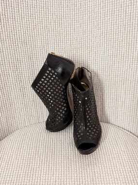 Michael Kors Black Laser-Cut Peep-Toe Heeled Booties
